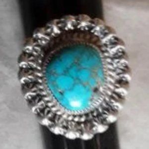 Turquoise and Sterling Hand Stamped Ring by Zuni Artist Charlene Dishta